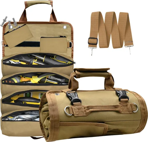 Miniatura 7 de Bolsa de herramientas enrollable, bolsa enrollable de herramientas resistente, con 4 bolsillos y 2 bolsas desmontables, bolsa enrollable para papá