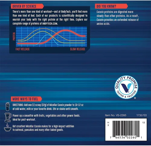 Miniatura 3 de BodyTech Proteína de caseína micelar en polvo, liberación lenta para recuperación muscular durante la noche, 0.85 oz de proteína por porción