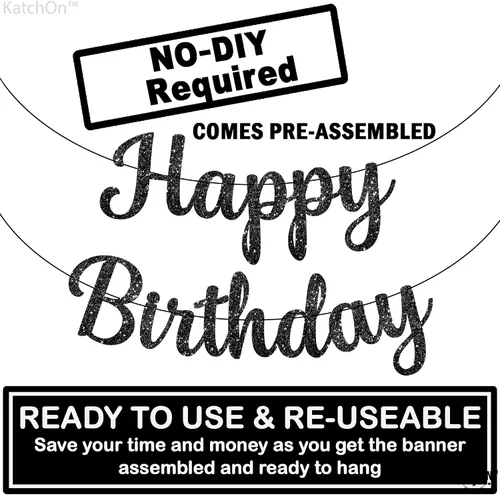 Miniatura 4 de KatchOn Cartel de feliz cumpleaños cursivo negro con purpurina, pre-encordado, 10 pies, cartel de feliz cumpleaños para mujeres, hombres, niños
