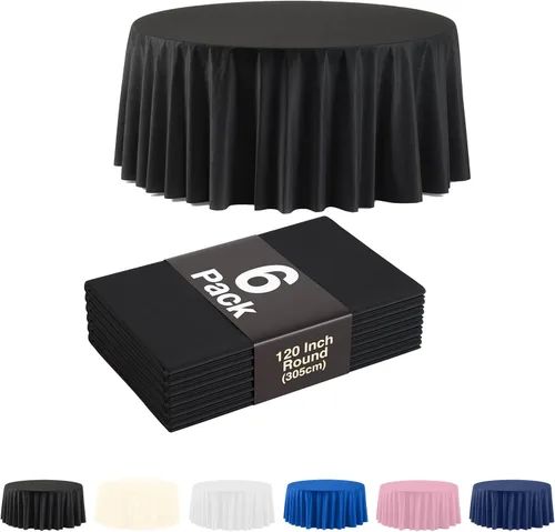 Party Solids Paquete de 6, manteles de plástico color negro, mantel redondo desechable de 120 pulgadas para fiestas, mantel redondo, manteles