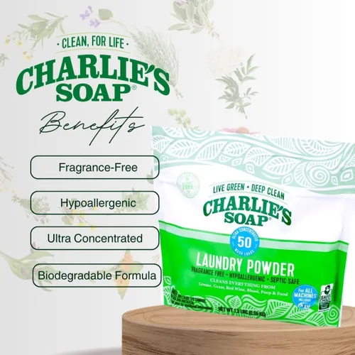 Miniatura 5 de Charlie's Soap Polvo de lavandería (50 cargas, 1 unidad) Detergente hipoalergénico en polvo de limpieza profunda – Respetuoso del medio ambiente