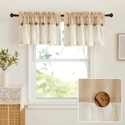 NICETOWN Cenefa con textura de lino para ventana de cocina y sala de estar, filtrado de luz, estilo campestre bohemio, con bolsillo para barra, 2