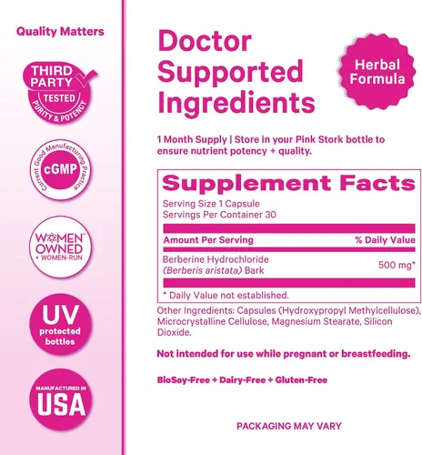 Miniatura 6 de Pink Stork Berberina 500 mg - Activador metabólico diario AMPK - 500 mg de metabolismo + apoyo para la salud intestinal para mujeres - probado por