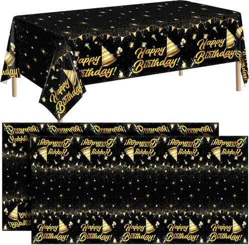 durony Paquete de 2 manteles de cumpleaños, de plástico, color negro y dorado, impermeable, rectangular, para fiestas en interiores o exteriores,