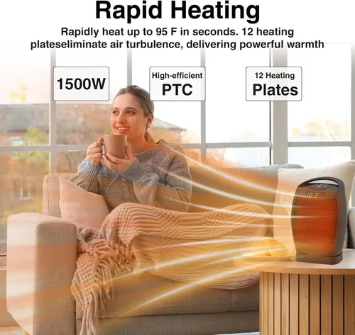 Miniatura 3 de Calentadores eléctricos portátiles para uso en interiores – JNDRO 1500W PTC Calentador de espacio de cerámica con termostato y control remoto