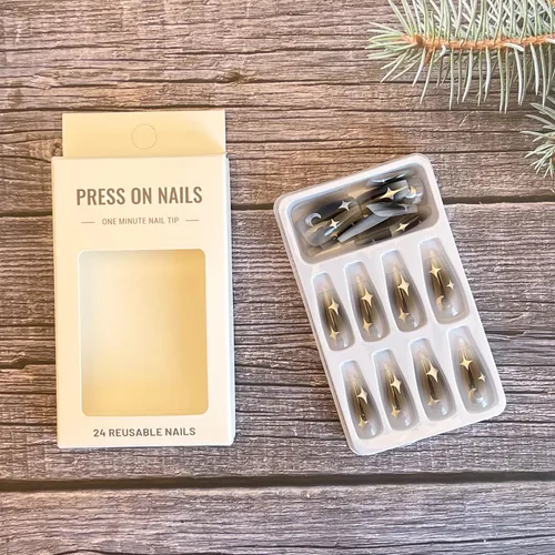 Miniatura 4 de 24 uñas postizas medianas a presión, uñas postizas brillantes con diseños de estrellas y luna, uñas acrílicas negras de cobertura completa pegamento