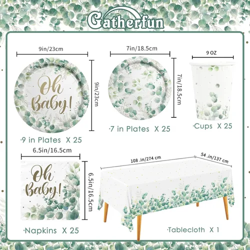 Miniatura 2 de Sage Greenery - Suministros de fiesta de baby shower, platos de papel desechables, servilletas, tazas y mantel para decoraciones de fiesta bohemia