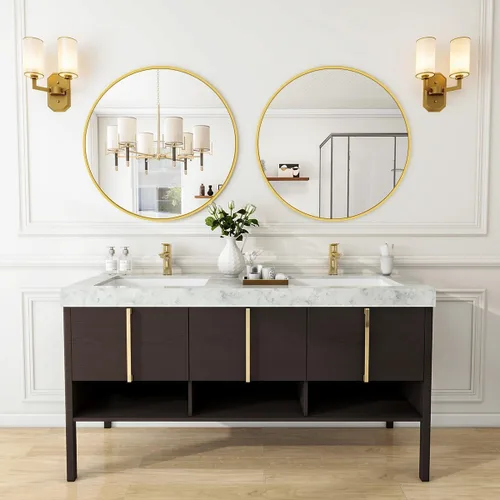 Miniatura 8 de VooBang Espejo de Baño Redondo Dorado, Espejo Circular de Pared Montado de 24 Pulgadas con Marco de Metal Circular Simple y Moderno para Pasillo