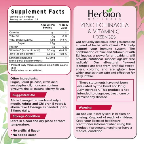 Miniatura 3 de HERBION Naturals - Pastillas de zinc, equinácea y vitamina C, 25 unidades, suplemento dietético para adultos y niños mayores de 5 años, promueve