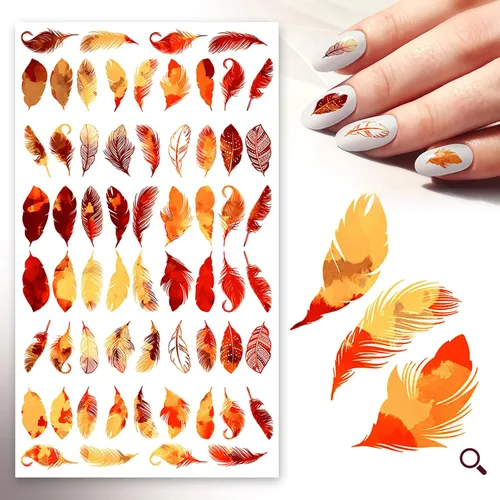 Calcomanías para uñas (5 hojas) FLONZNAIL Grabado de plumas de otoño rojo vintage Decoración de uñas
