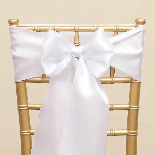 Miniatura 8 de Paquete de 50 cintas de satén para sillas color azul bebé, 7 x 108 pulgadas, cintas universales doradas para sillas de boda, ceremonia, fiesta