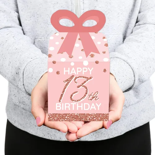 Miniatura 8 de Big Dot of Happiness 13º cumpleaños rosa oro rosa – Cajas de regalo cuadradas – Cajas de lazo para fiesta de feliz cumpleaños – Juego de 12