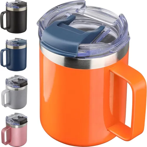 Miniatura 33 de Taza de café aislada de 12 onzas con asa, taza de café de viaje de acero inoxidable con tapa abatible, vaso de café de doble pared con aislamiento