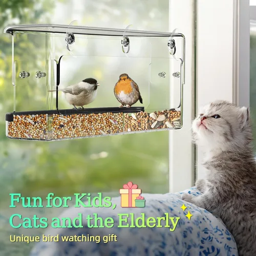 Miniatura 6 de Ermete Comedero para pájaros de ventana con ventosas fuertes, alimentador transparente de visión grande, bandeja de semillas, 13 x 5.5 x 4.2