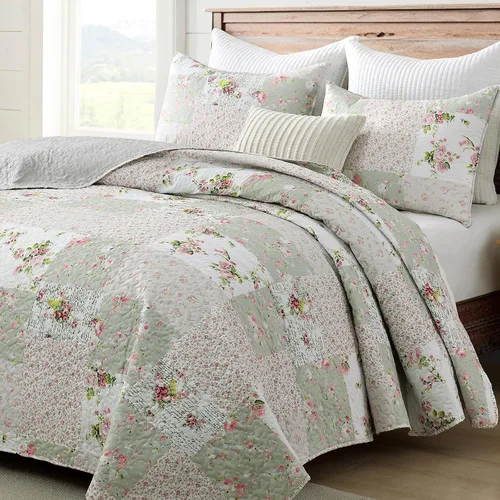Miniatura 12 de HIARUO Juego de edredón tamaño Queen de 3 piezas, colcha de retazos florales, cubrecama cobertor bohemio a cuadros reversible ligero