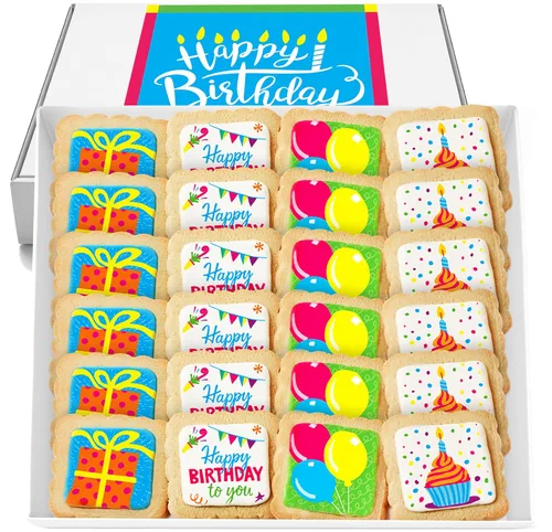 Happy Birthday Cookies - Paquete de 24 cestas de regalo envueltas individualmente para niños, hombres y mujeres, caja de regalo decorada para