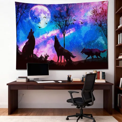 Miniatura 5 de HVEST Tapiz de lobo púrpura azul psicodélico cielo estrellado tapices luna y montañas paisaje natural para colgar en la pared para dormitorio, sala