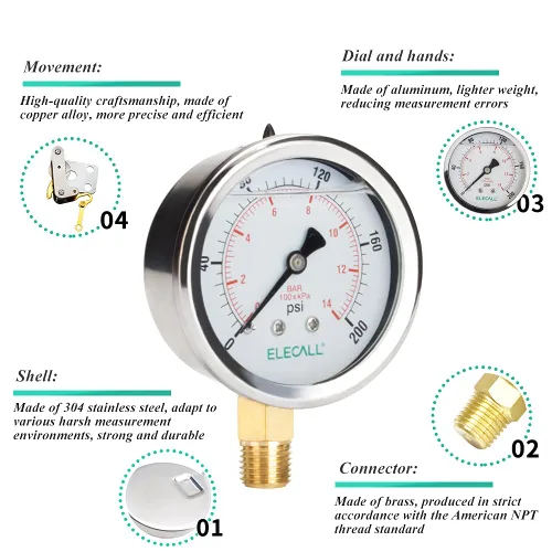 Miniatura 3 de Medidor de presión de 200psi con aceite de silicona para prueba de presión de agua, aceite y aire en bomba de piscina, filtro de arena, compresor