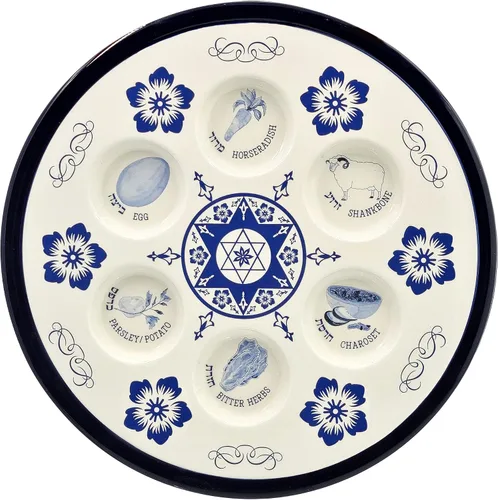 The Dreidel Company Placa de cerámica Seder con diseño renacentista para Pascua, 12 pulgadas de diámetro, color azul (diseño renacentista)