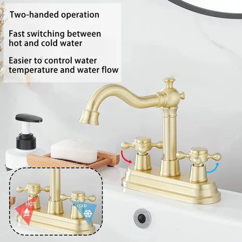 Miniatura 4 de Llave de baño GGStudy de oro cepillado, de 2 asas, de 4 pulgadas, llave central para baño con montaje de drenaje y manguera de suministro, llave