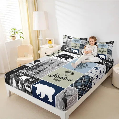 Miniatura 24 de Sábana bajera de retazos rústicos, sábanas de ciervos de oso para niños, adolescentes, adultos, mujeres, juego de ropa de cama rústica de granja