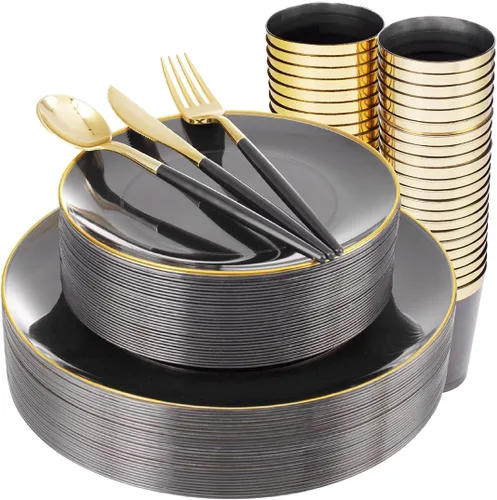 Miniatura 12 de Supernal 150 platos de plástico blanco y dorado, cubiertos de plástico dorado, juego de vajilla blanca incluye 60 platos, 30 tenedores, 30 Juego