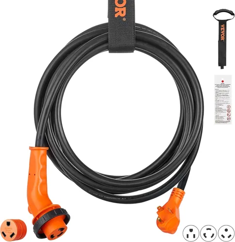 VEVOR Cable de Alimentación para RV de 25 Pies, 30 Amperios, Cable de Generador STW 3 * 10AWG de Servicio Pesado, Enchufe Macho NEMA TT-30P Hembra