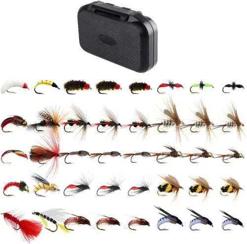 Kit de moscas de pesca con mosca, 40/137 piezas, surtido de moscas secas/húmedas, serpentina para trucha, lubina, pez + caja de moscas