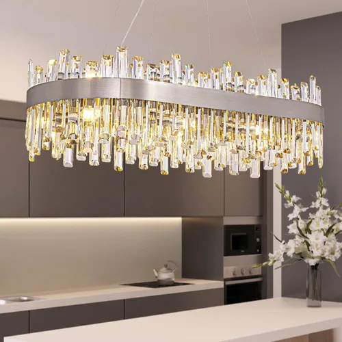 Miniatura 27 de Siljoy Candelabro moderno de cristal de 12 luces de oro cepillado de 2 niveles con forma de gota de lluvia de cristal, ajustable, montaje al ras