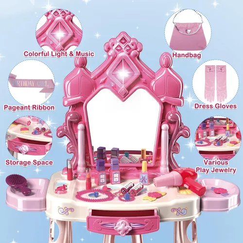 Miniatura 4 de deAO Juego de tocador de maquillaje para bebés con espejo y silla, juguete de tocador para niños con maquillaje de simulación con secador de pelo