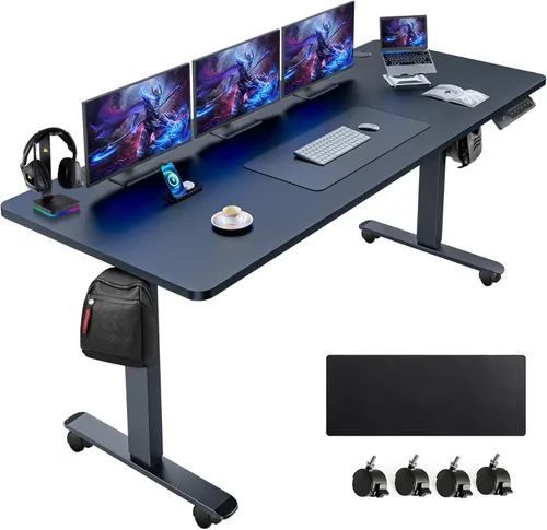 Miniatura 11 de farexon Escritorio eléctrico de pie de altura ajustable, escritorio de pie de 55 x 24 pulgadas con alfombrilla grande para el mouse, ruedas Negro