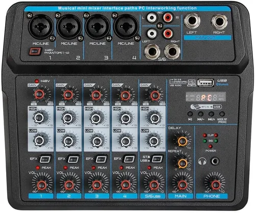 Mezclador de audio, consola de mezcla de sonido, mezclador profesional, mezcla de potencia, USB para grabación/DJ/karaoke/escenario y estudio (6