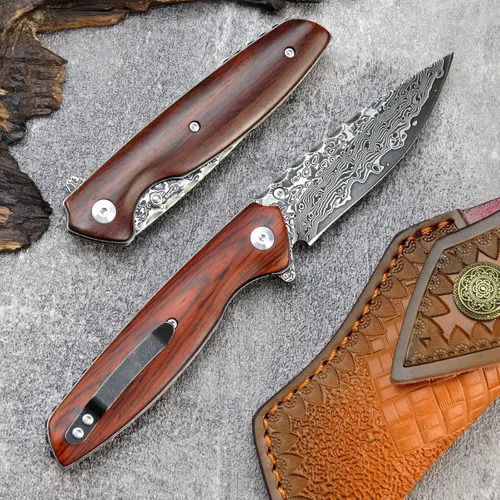Miniatura 4 de Sitivien ST240 EDC Cuchillo plegable de acero Damasco con mango Dalbergia, bloqueo de hoja de núcleo VG10 y clip para cinturón, cuchillo de 240D