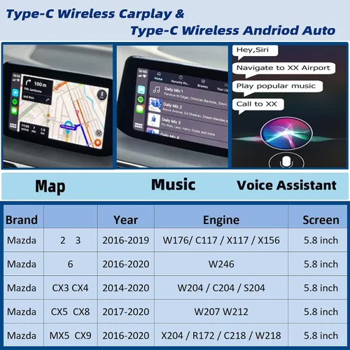 Miniatura 4 de Dasbecan Kit de Retrofit Inalámbrico Tipo-C para Mazda Apple Carplay y Android Auto Compatible con Mazda 2/3/6/CX3/CX5/CX9/MX5 2015-2020, Adaptador