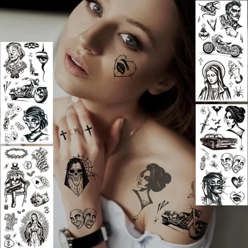 Miniatura 3 de 12 Hojas de Tatuajes Temporales Chicanos Grandes, Tatuajes Temporales Cholo y Chola, Tatuajes Falsos de Gángster Chicana Guadalupe Día