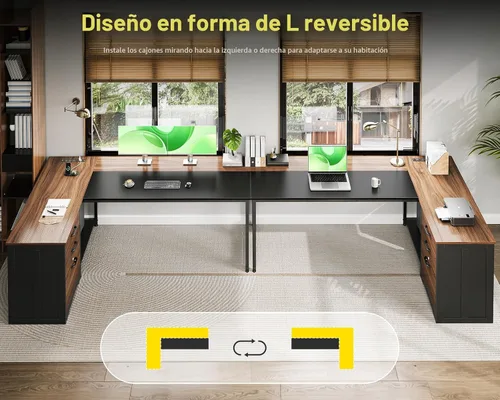 Miniatura 8 de AODK Escritorio de oficina en forma de L de 61 pulgadas con cajones de madera y archivador con cerradura, escritorio de esquina reversible de 21.7