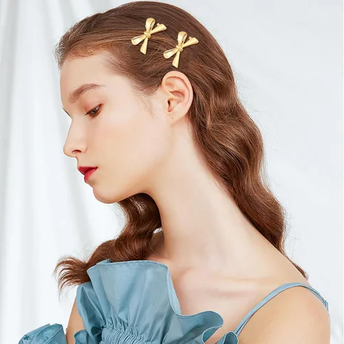 Miniatura 2 de Pequeños lazos de metal para el pelo para mujeres y niñas, 5 piezas de pinzas para el pelo con lazo dorado, mini cinta con lazo, pinzas para el pelo