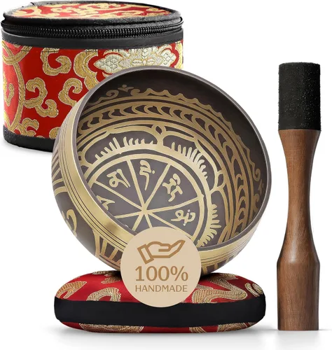 Juego de cuencos tibetanos grabados a mano con estuche – Cuenco de meditación y cuenco de sonido con cojín, mazo y guía – Herramienta portátil de