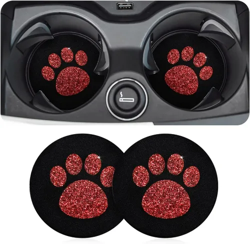 Miniatura 7 de AUCELI – 2 paquetes de portavasos para automóvil, 7 cm de brillo con diamantes de imitación y huella de pata, tapete para bebidas con inserción
