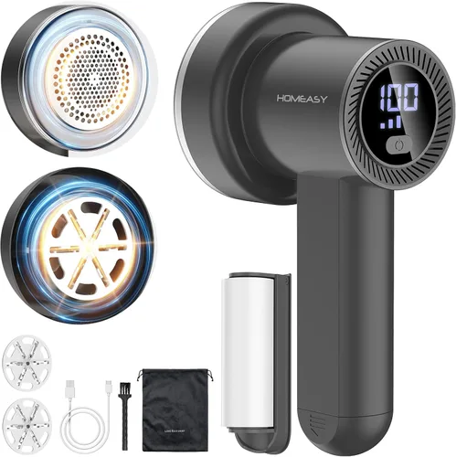 Afeitadora de pelusa recargable HOMEASY, removedor de pelusa eléctrico con 3 cuchillas y pantalla digital LED, afeitadora de pelusa para suéter, Gris