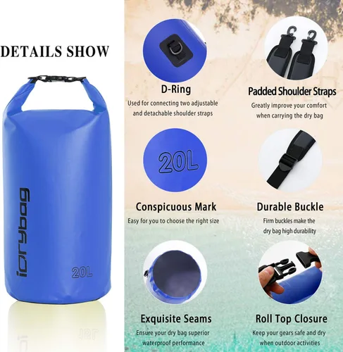 Miniatura 2 de IDRYBAG Bolsa seca para kayak impermeable 2L/5L/10L/15L/20L, pequeña bolsa impermeable para navegación Azul