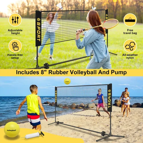 Miniatura 5 de Mini equipo de red de voleibol portátil de 10 pies con pelota de voleibol de goma, bomba y bolsa de transporte portátil. Altura ajustable de 2.7 a