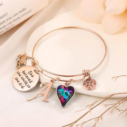 Miniatura 7 de Regalos de graduación para ella, 26 pulseras inspiradoras grabadas con inicial, cita que creyó que podía así que lo hizo, regalos de graduación