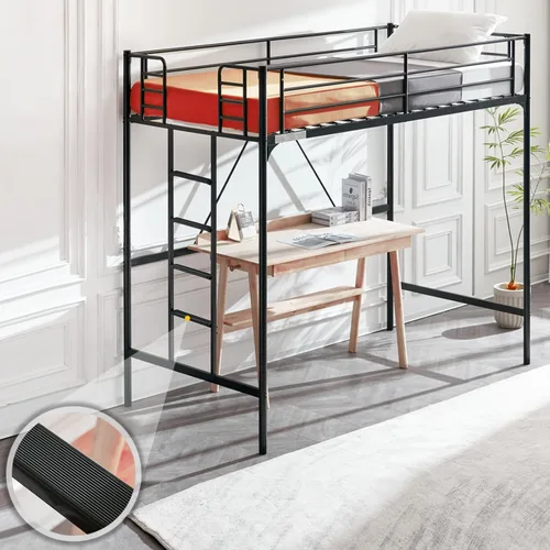Bonnlo Cama tipo loft de metal con escaleras y peldaño plano, cama alta para niños, adolescentes y adultos, no requiere somier, color negro