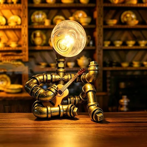 Miniatura 10 de Lámpara de mesa de guitarra musical, lámpara de mesa robot de guitarra steampunk, lámpara steampunk de guitarras retro, lámpara de robot de tubo