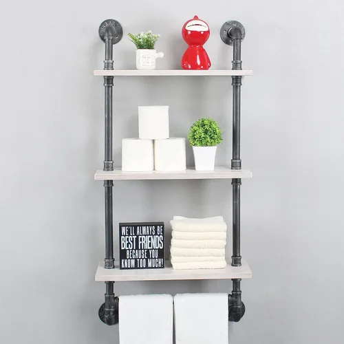 Miniatura 6 de MBQQ Estante de tubería industrial para baño, estantes montados en la pared, estante de madera rústica de 19.6 pulgadas con toallero, toallero