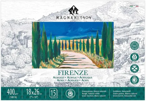 Magnani 1404 Firenze - Bloc de papel de pintura acrílica 100% algodón, 7 x 10 pulgadas, 188 libras, 15 hojas pesadas, textura rugosa, tamaño vegano,