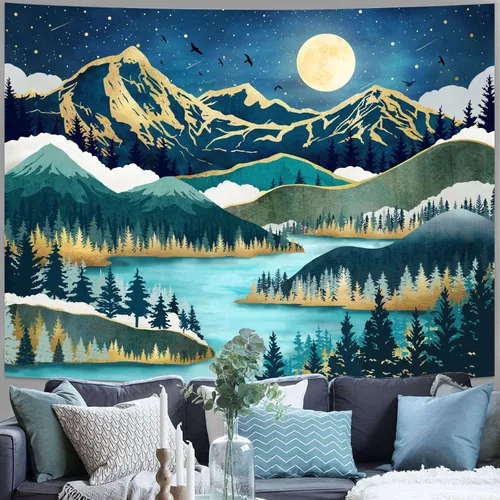Miniatura 2 de Neasow Tapiz de luna de montaña, bosque natural, árbol, lago, paisaje, estrellas, noche estrellada, decoración de pared azul azulado para el hogar