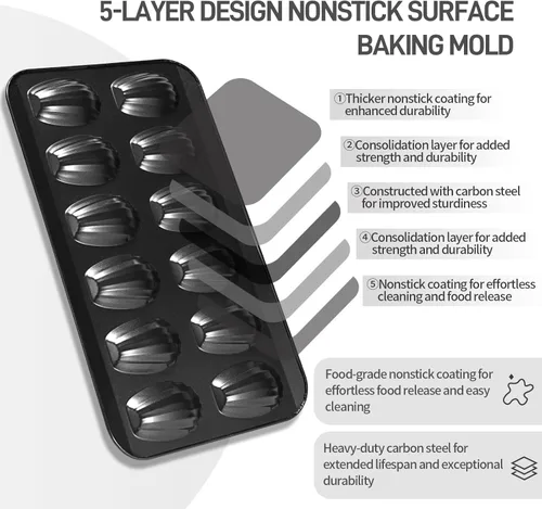 Miniatura 5 de Paquete de 2 moldes Madeleine para hornear, 12 cavidades resistentes en forma de concha para hornear, molde antiadherente para hornear galletas