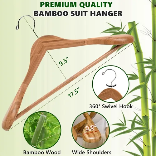 Miniatura 2 de Amber Home Paquete de 6 Perchas de Traje de Madera de Bambú Natural de Hombros Anchos, Perchas de Ropa de Bambú con Barra para Pantalones, Perchas